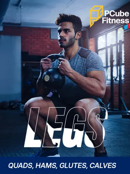 A graphic illustrating the "Legs" day workout, featuring a man in a deep kettlebell squat.