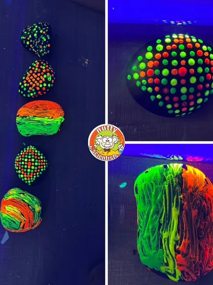 Glowing pebble art created during our "Garden of Light" camp. Using neon paints that glow under UV light, kids turned simple stones into dazzling works of art.