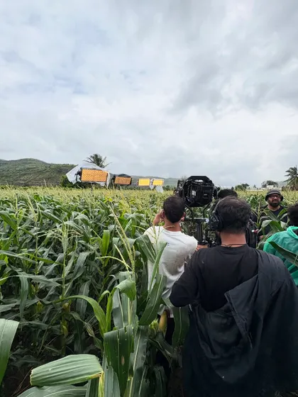 A wide shot of an outdoor shoot in a cornfield, where we used a line of ARRI SkyPanel X fixtures to supplement the natural light and create a specific mood.