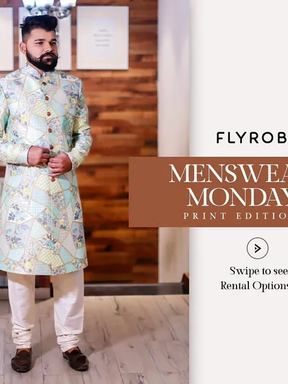 Kicking off our print edition with this stunning pastel blue and yellow geometric print sherwani. It's a fresh and modern take on traditional wedding wear.