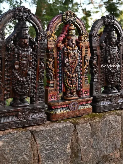 The three 24-inch Balaji statues, with the multi-colored version in the center, flanked by the classic wax brown pieces.