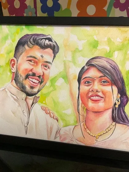 The final framed watercolor portrait of the couple. This shows how a digital watercolor can look stunning when printed and framed for your home.