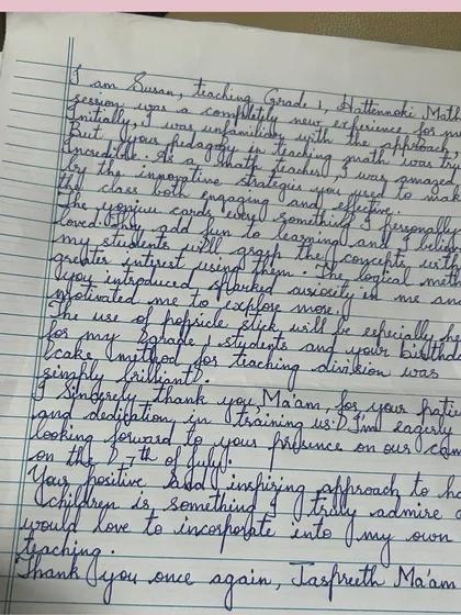 A handwritten thank you note from a teacher who attended one of my math sessions. This kind of personal feedback is incredibly meaningful and affirms the impact of making learning interactive and joyful. It highlights how new methods can spark excitement for both teachers and students.
