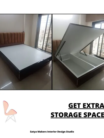 This image demonstrates a practical storage solution with a hydraulic lift-up bed, providing ample hidden space for essentials.