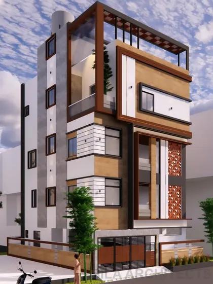 Another perspective of the duplex house elevation, highlighting the rooftop structure and the interplay of solid and void spaces.