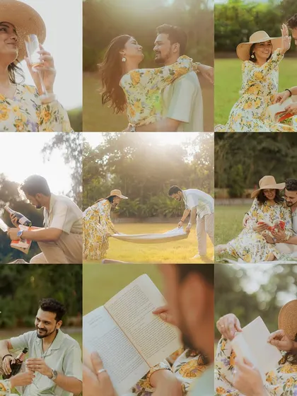 A collage showcasing the story of a perfect picnic date. From setting up the blanket to sharing a toast, we capture all the little moments that make up a beautiful memory.