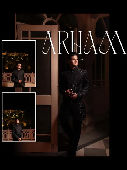 A collage dedicated to the groom's Sangeet look. The dark, moody portraits highlight his sharp attire and create a sense of classic elegance.