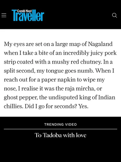 A quote from the Condé Nast Traveller review describing the experience of eating our juicy pork with Raja Mircha chutney. They perfectly captured the fiery kick of our food.