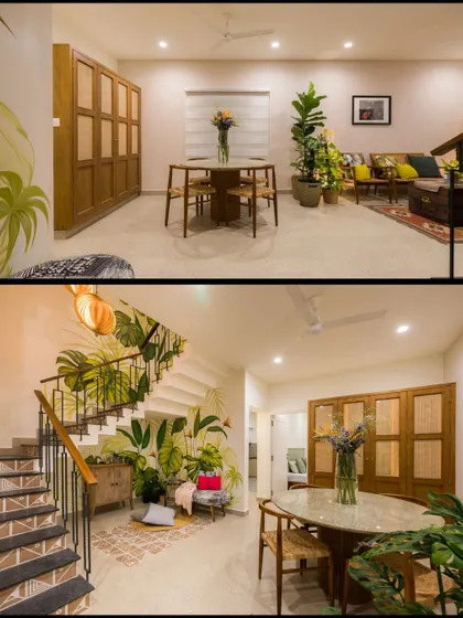 A collage from a publication, showing the harmonious flow between the staircase, dining, and living areas.