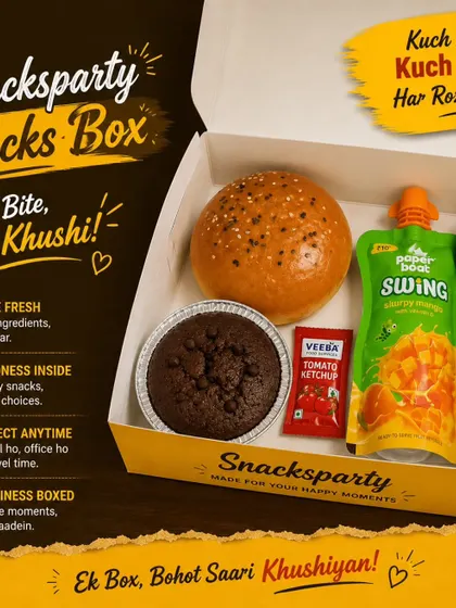 A burger, chocolate muffin and Paper Boat Swing feature in our snack-box display, with a spoon and ketchup alongside.