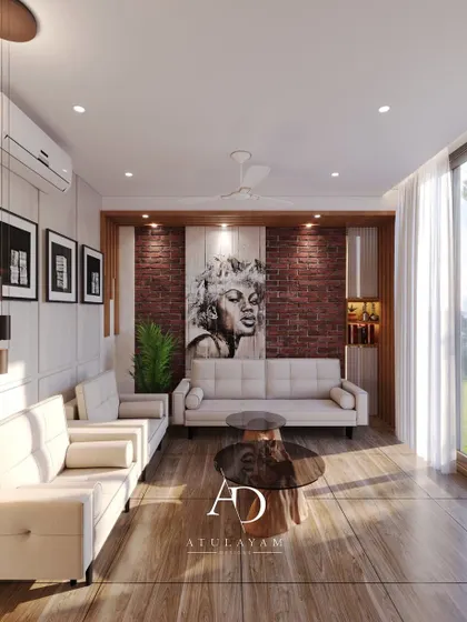 This view shows the feature wall with exposed brick and a large pop-art portrait, adding an industrial and edgy vibe to the contemporary space.