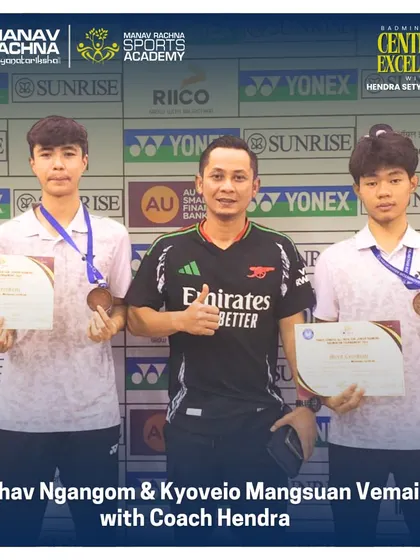 Coach Hendra with our bronze medal winners, Rishav and Kyoveio, at the Yonex-Sunrise All India Sub-Junior Ranking Badminton Tournament. This picture captures the pride of a mentor in his students' success.