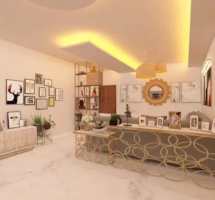 This spacious living area uses furniture arrangement to create a conversational zone. A gallery wall and a statement console table with a gold metallic base add personality and a touch of luxury to the room.