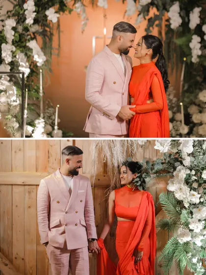 A collage of the couple posing against different backdrops at their evening function.