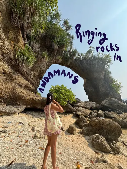 Ringing rocks in the Andamans. The playful, handwritten text announces the location and adds a personal touch to this beautiful natural arch photo.