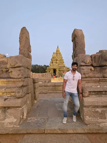 Exploring the ruins of the Shore Temple complex as evening sets in.