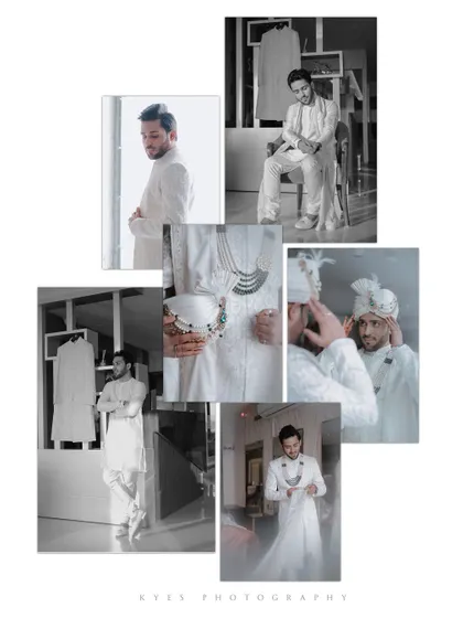 A collage showing the groom's getting-ready process in timeless black and white. From adjusting his sherwani to tying his safa, this series captures the quiet moments of preparation.