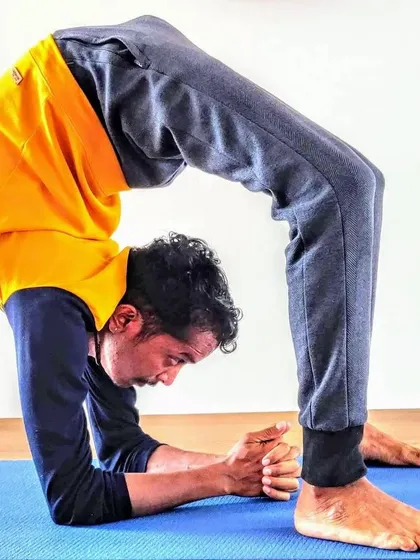 This practitioner is in a deep variation of Dwi Pada Viparita Dandasana, or Forearm Wheel Pose. This intense backbend requires significant opening in the shoulders and thoracic spine, showcasing a high level of flexibility.