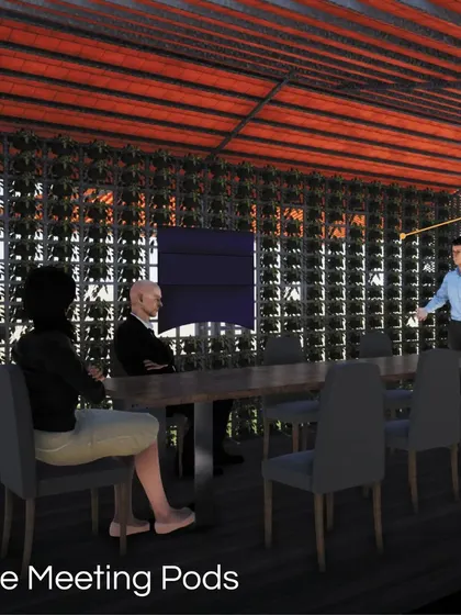 This is a render of "The Meeting Pods," a project focused on biophilic office design. I created an outdoor meeting space enclosed by a green jali wall. This structure provides natural cooling, filters light, and absorbs sound, creating a productive and serene work environment that connects people with nature.