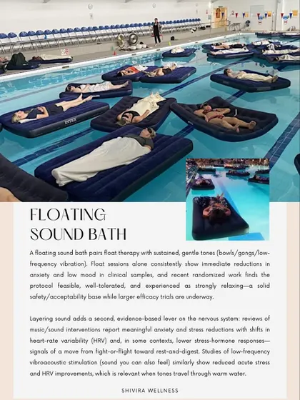 A floating sound bath combines the therapeutic properties of water with vibrational healing. Studies show that this combination can lead to immediate reductions in anxiety and stress, helping your body shift into a state of deep rest.