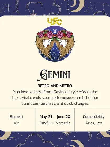Gemini: Retro & Metro. You love variety, from Govinda-style 90s to the latest viral trends. Your performances are full of fun transitions and surprises.