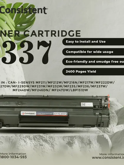 I offer the 0337 toner cartridge for a wide array of Canon i-SENSYS printers. It is designed for easy installation and provides a reliable 2400-page yield for all your printing needs.
