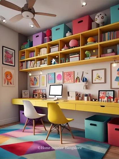 A colorful and inspiring study space for kids with a long yellow desk for two. The wall-mounted open shelves provide ample storage and display space for books and art projects.