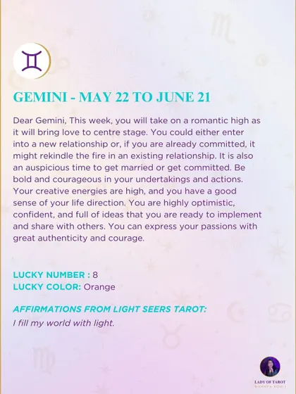A romantic weekly tarot forecast for Gemini. This week brings love to center stage, with possibilities of a new relationship or rekindling an existing one.