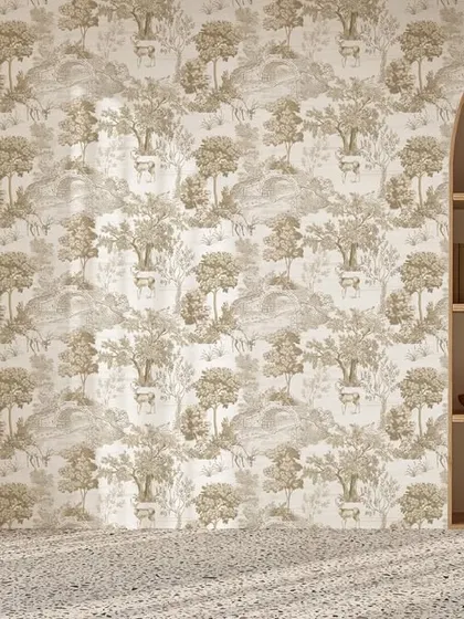 This charming countryside scenic pattern adds a rustic yet refined touch to the room. The built-in arched shelf beautifully complements the wallcovering's gentle, narrative style.
