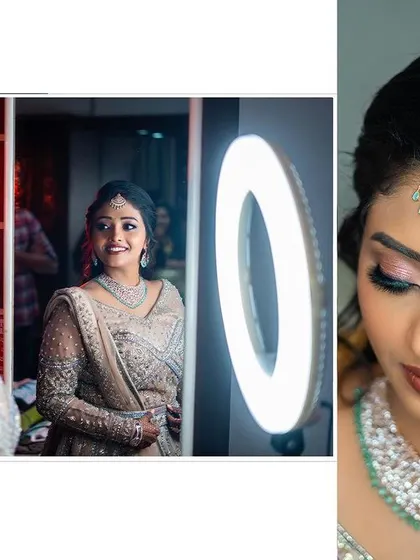 A beautiful collage combining a mirror shot with a close-up of the bride's makeup, highlighting her reception look.