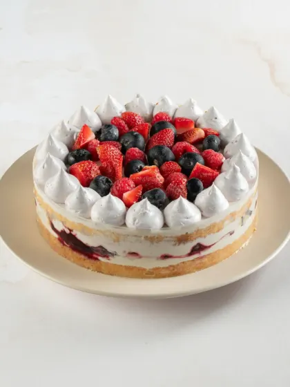 This is our Mixed Berry Tres Leches cake. The light, airy sponge is soaked in a sweet milk mixture and topped with a medley of fresh berries.