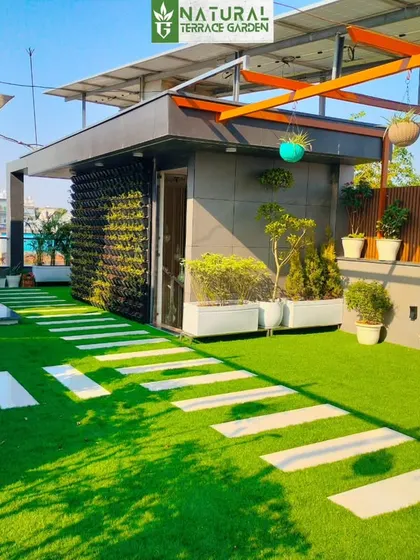A daytime view of the Sonipat rooftop, showing the extensive use of artificial turf, planters, and a large vertical garden. Solar panels are also visible, showcasing modern integration.