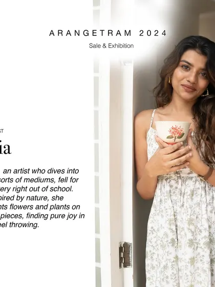 Ria, an artist inspired by nature, explores the botanical diversity of Kerala in her Arangetram collection. Her work features delicate flower paintings using underglaze on ivory clay, creating pieces that are filled with creativity and joy.