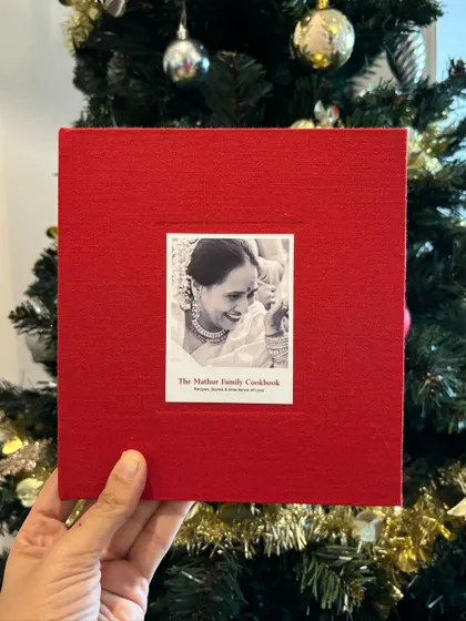 We love helping families create their own jewel of a cookbook. This custom red journal for the Mathur family was designed for the festive season. Our smaller custom book offer, with 10 recipes and 4 images, is a perfect, heartwarming gift that we can turn around in just a few weeks.