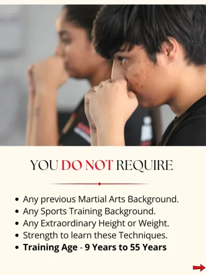 You do not need any prior martial arts background or extraordinary strength to learn my system. This graphic explains that our training is accessible to everyone from age 9 to 55.