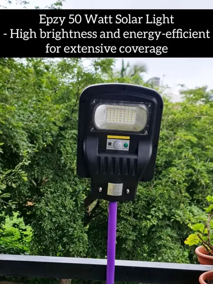 For broader coverage on my terrace, I use this Epzy 50 Watt solar light. It provides high brightness and is very energy-efficient, making it perfect for lighting up larger areas of the garden. It helps me enjoy my garden in the evenings.
