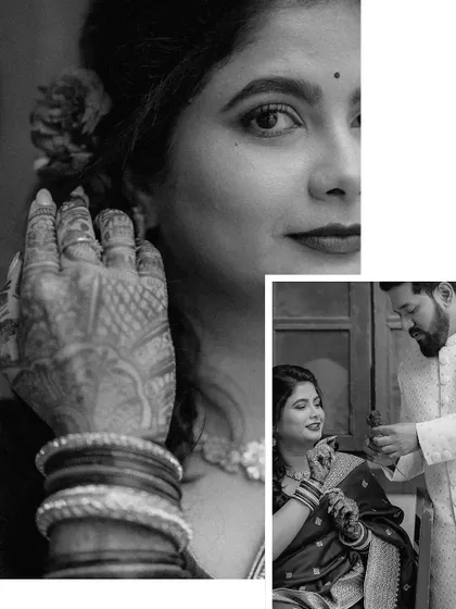 A black and white collage focusing on bridal details, including a close-up of her eye and her henna-covered hand.