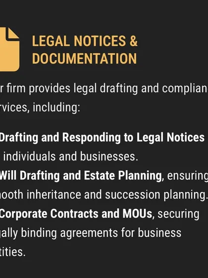 Proper legal documentation is the foundation of a secure business. I provide meticulous drafting services for corporate contracts, Memorandums of Understanding (MOUs), and legal notices to ensure your agreements are legally sound and enforceable.