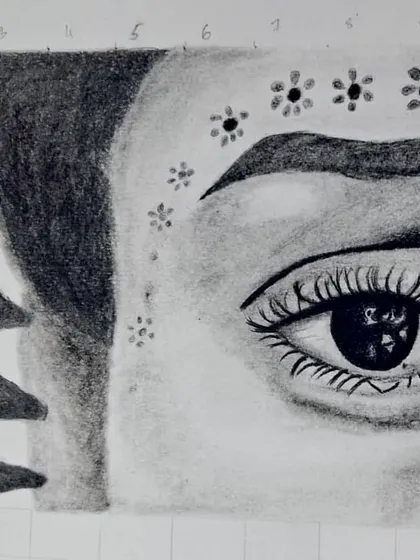 A close up of the finished eye sketch. This exercise focuses on capturing intricate details like eyelashes, reflections in the pupil, and delicate shading on the skin.