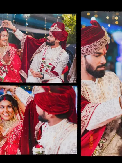The groom applying sindoor, a significant and beautiful moment in the wedding ceremony, captured with a focus on the couple's expressions.