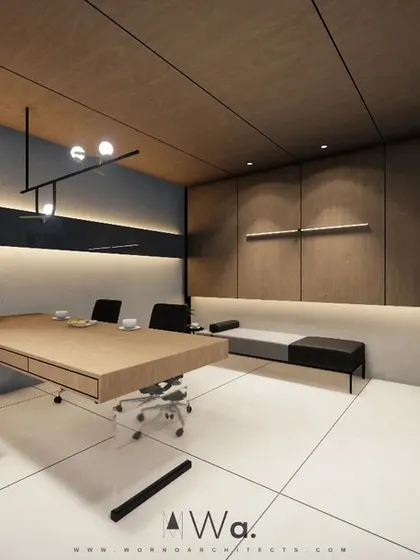 A render for a minimalist Director's Office, featuring a floating wooden desk, clean lines, and subtle ambient lighting. The design creates a calm, focused, and sophisticated workspace.