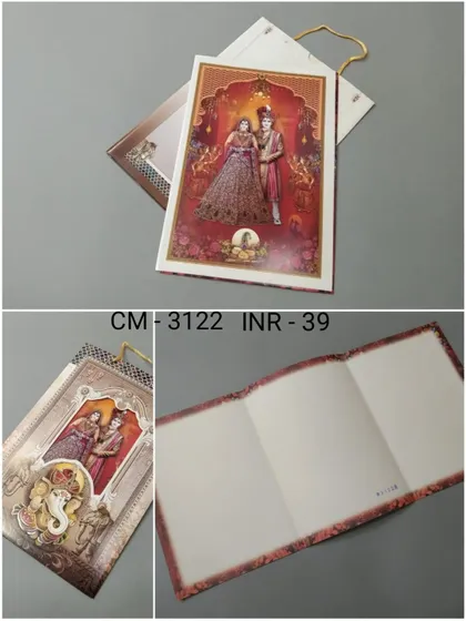 A wedding card that tells a story, featuring a beautiful illustration of a bride and groom in a royal setting. This design also includes a Ganesha motif and comes in a handled format.
