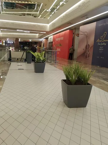 Another example of using planters to define space in a large mall. The placement of these planters helps guide the eye and create a more structured, pleasant path for people to walk along.