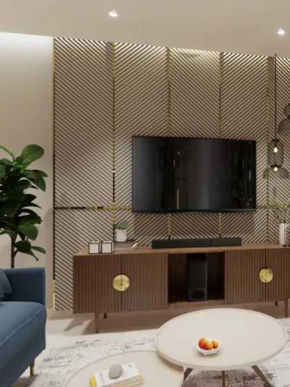A render of an alternate living room concept, exploring a chevron-patterned wall panel with brass inlays for a touch of glamour.