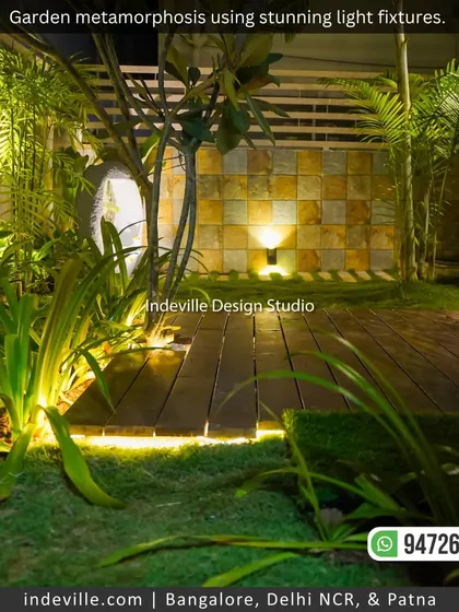 A duplicate image of the illuminated wooden deck and seating area, highlighting the warm and inviting ambiance.