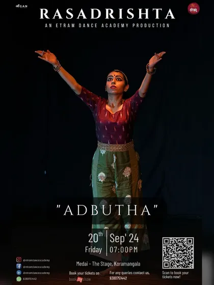A dancer embodies 'Adbutha', the emotion of wonder and surprise, in this striking poster for our 'Rasadrishta' production.
