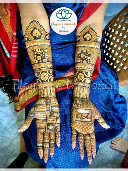 A unique storytelling mehendi featuring the couple's wedding vows and a butterfly, symbolizing their new beginning together.