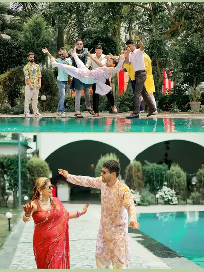 A collage of fun moments from a poolside Haldi party, including the groom being lifted by his friends and the couple dancing together. These shots are all about capturing the celebration.