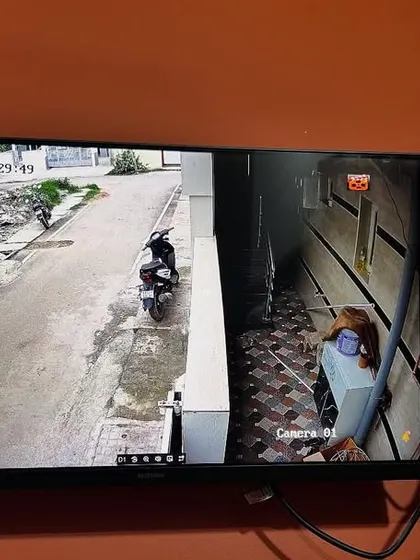 A two-camera split screen showing the street view and a narrow passage, ensuring no blind spots around the property.