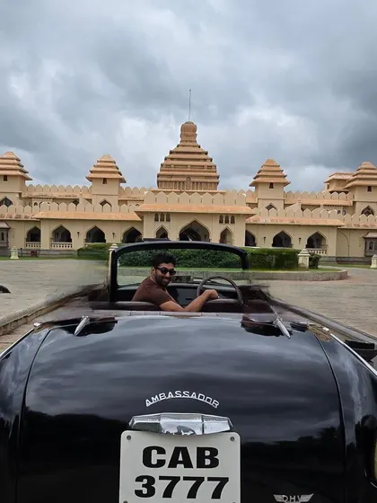 A touch of luxury during our Hampi trip. Driving a vintage Ambassador convertible at the Evolve Back resort, which is designed to reflect the region's royal history.
